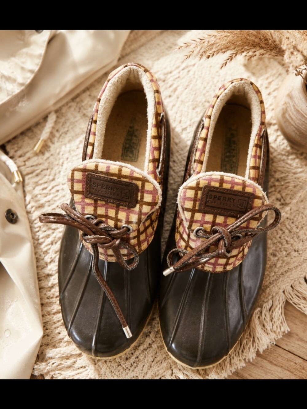Sperry Top-Sider Dark Brown Rubber Duck Shoes with Tan & Burgundy Plaid Collar